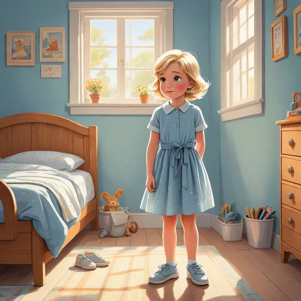 a painting of a little girl standing in a bedroom with a bed and dressers in the background and a window, photorealism, a storybook illustration, Caroline Lucy Scott, rossdraws global illumination