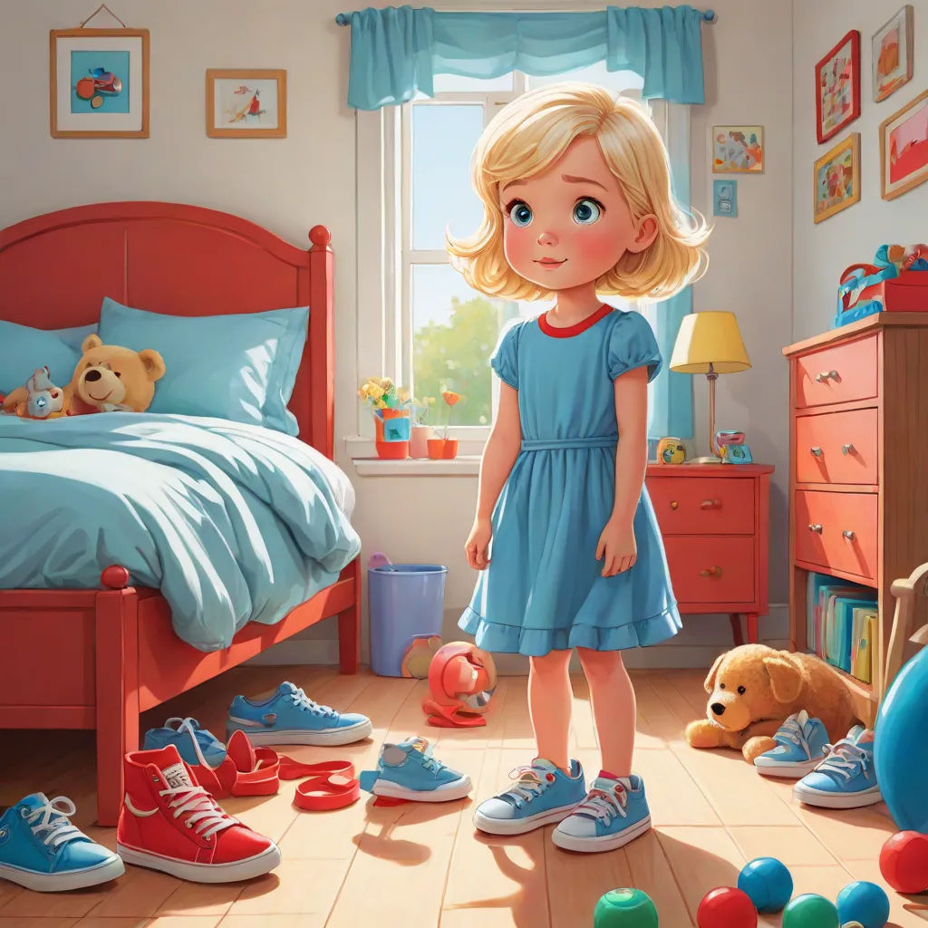 a painting of a girl in a bedroom with toys and a teddy bear on the floor and a bed, photorealism, a storybook illustration, Chris LaBrooy, highly detailed digital painting