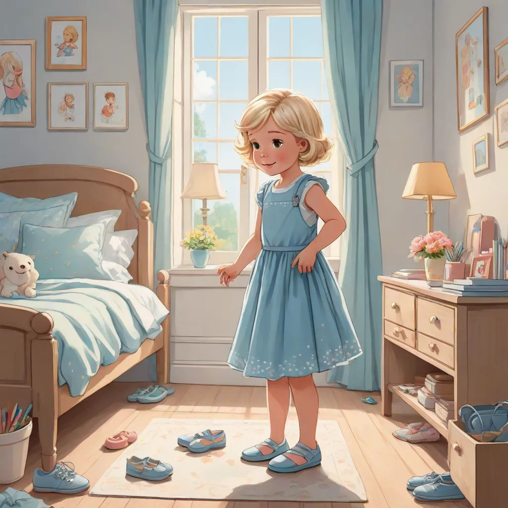 a painting of a little girl in a blue dress standing in a bedroom with shoes on the floor and a teddy bear on the floor, photorealism, a storybook illustration, Caroline Lucy Scott, storybook illustration