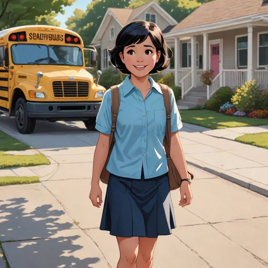 a cartoon of a girl in a school uniform standing in front of a school bus on a suburban street, american scene painting, a painting, Adam Manyoki, official art