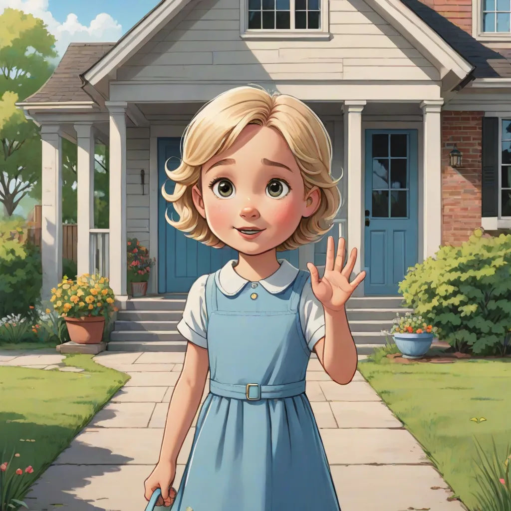 a cartoon girl in a blue dress is waving at the camera and holding a handbag in front of a house, american scene painting, a storybook illustration, Esther Blaikie MacKinnon, kinkade