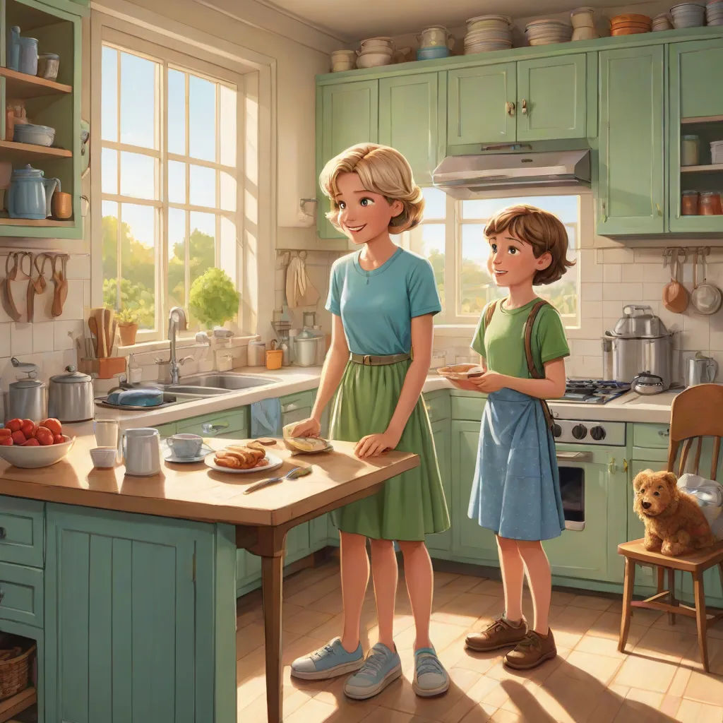a painting of two women in a kitchen with a dog on the floor and a teddy bear on the counter, american scene painting, a storybook illustration, Evgeny Lushpin, cgstudio