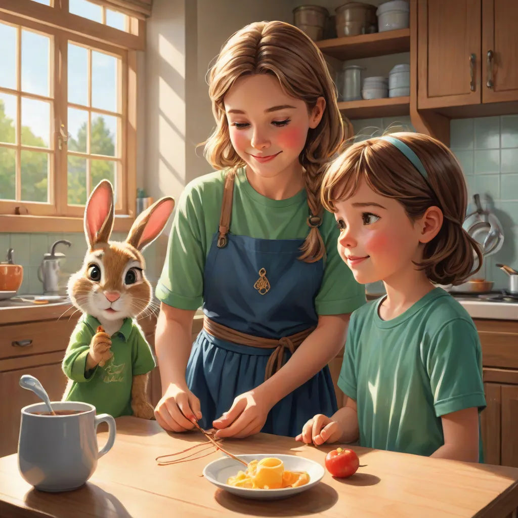 a painting of two children preparing food in a kitchen with a bunny and a bunny rabbit on the counter, american scene painting, a storybook illustration, Bob Byerley, official art