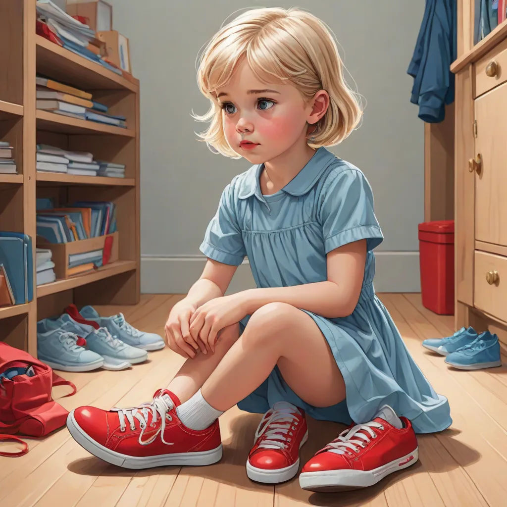 a painting of a little girl sitting on the floor in a room with shoes on the floor and a backpack on the floor, photorealism, a detailed painting, Aaron Jasinski, highly detailed digital painting