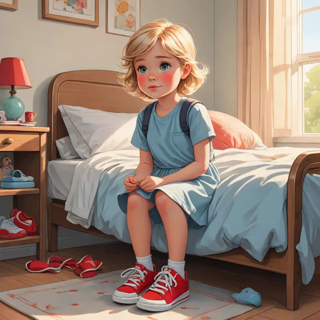 a painting of a little girl sitting on a bed with red shoes on the floor and a red pillow, photorealism, a storybook illustration, Aaron Jasinski, storybook illustration