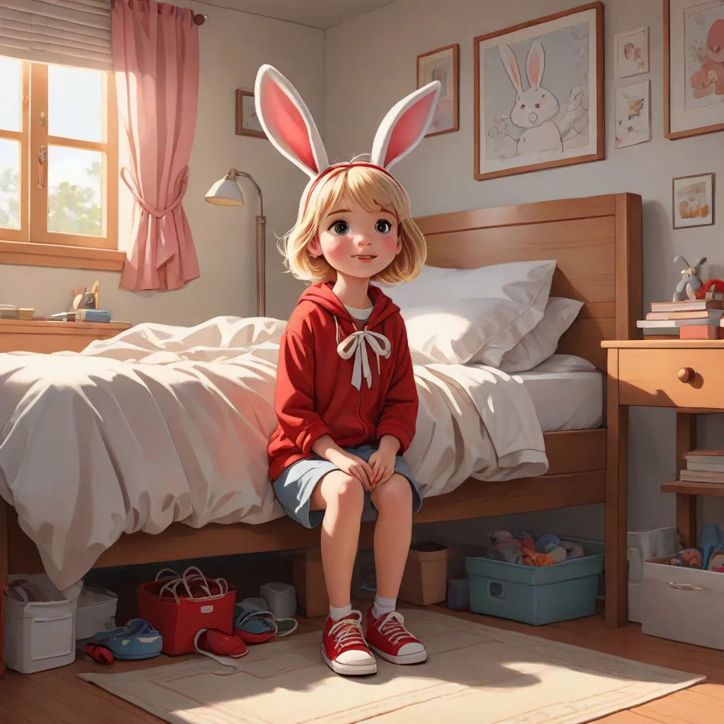 a painting of a girl sitting on a bed with a bunny ears headband on her head and a red shirt on, photorealism, a photorealistic painting, Chris LaBrooy, rossdraws global illumination