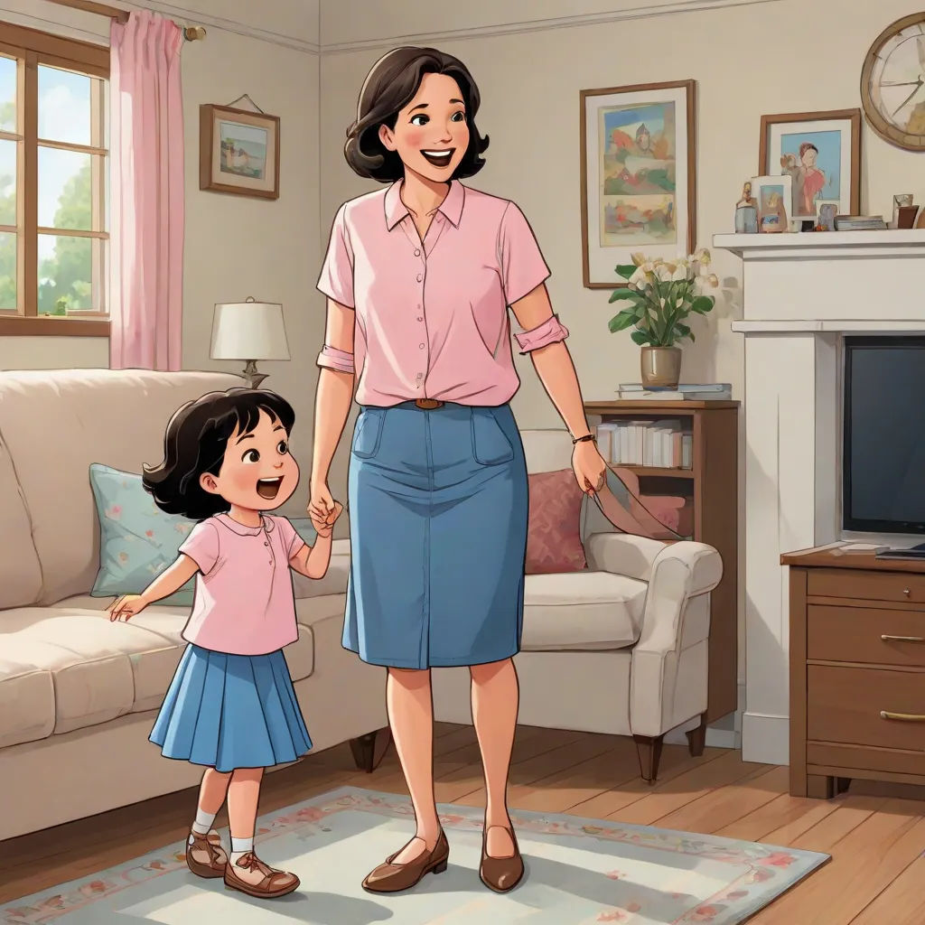 a woman and a child standing in a living room together holding hands and smiling at the camera, with a television in the background, american scene painting, a storybook illustration, Byeon Sang-byeok, promotional image