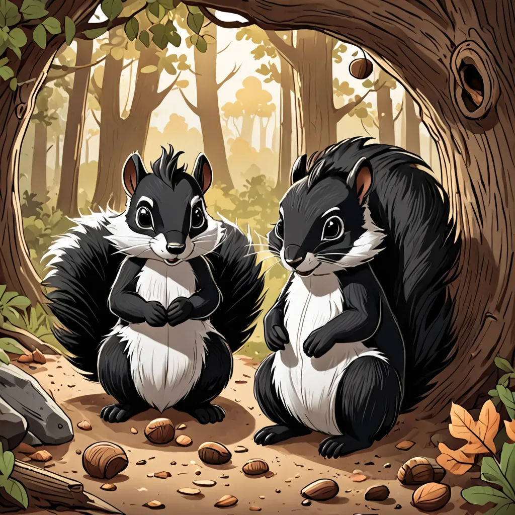 two squirrels sitting in the woods next to a tree trunk and a rock under it, with leaves and nuts around them, furry art, a storybook illustration, Chippy, storybook illustration