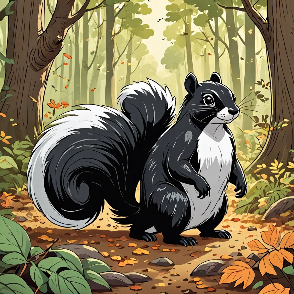 a cartoon of a skunky standing in the woods with leaves on the ground and trees in the background, american scene painting, a character portrait, Charles Fremont Conner, official art