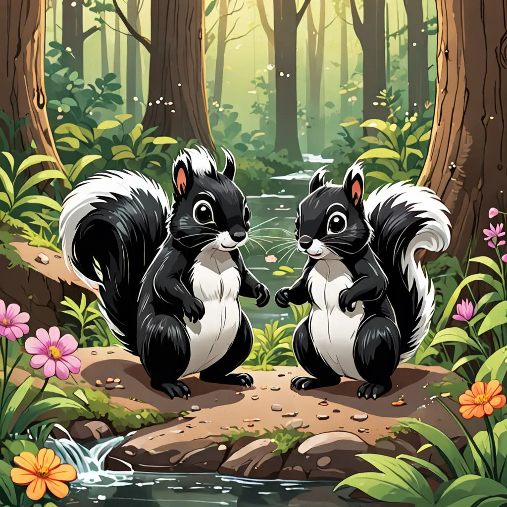 two black and white squirrels standing on a rock in a forest with a stream running through it and flowers around them, sots art, a stock photo, Chippy, key art