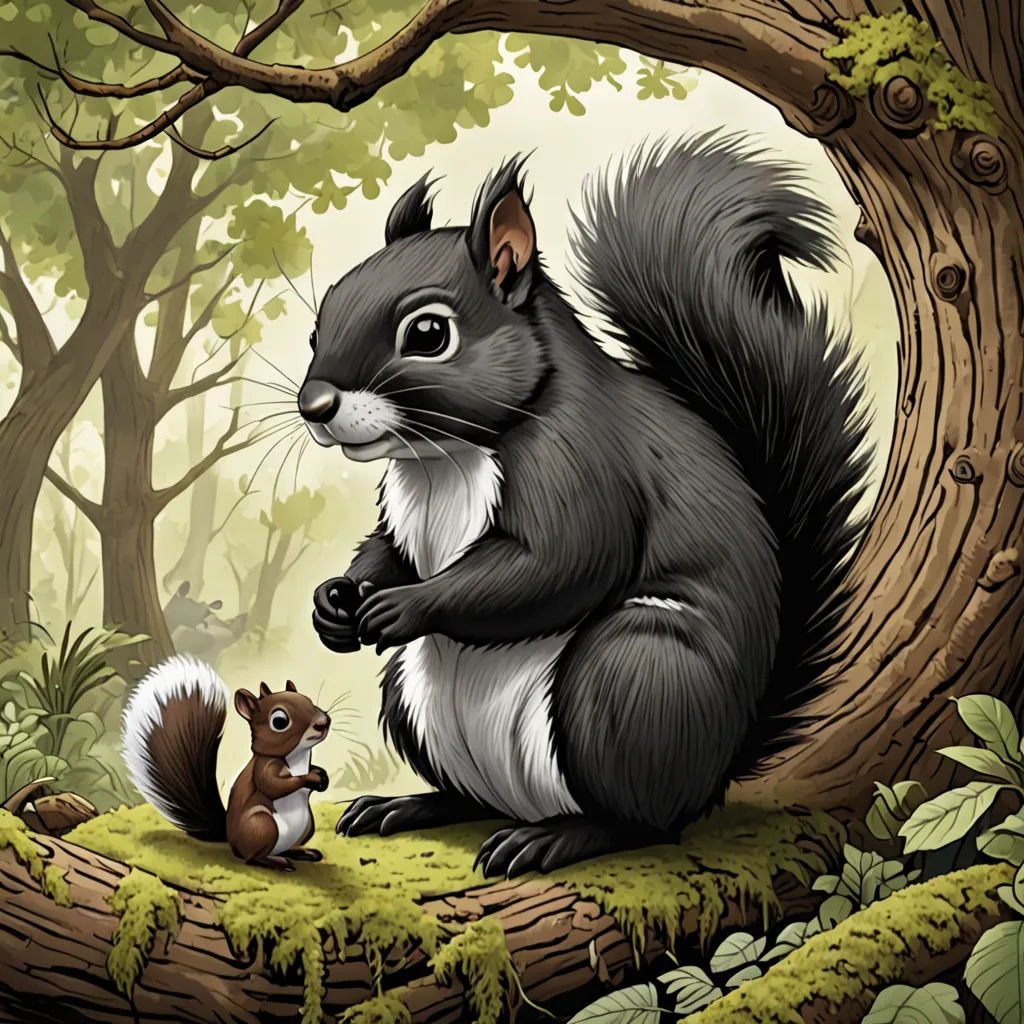 a squirrel and a squirrel are sitting in the woods together, and one squirrel is looking at the camera, furry art, a storybook illustration, Chris LaBrooy, storybook illustration