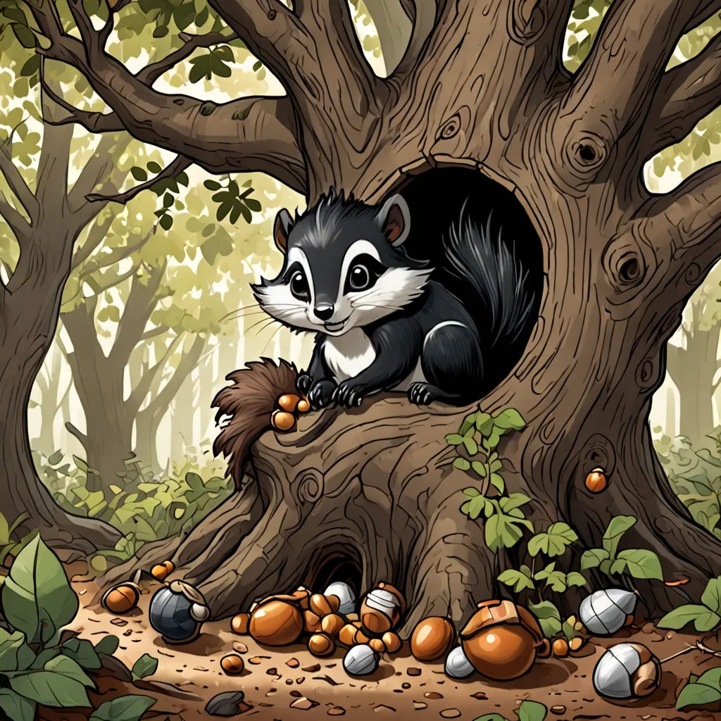a raccoon is sitting in a tree in the forest with eggs and nuts on the ground around it, pop surrealism, a storybook illustration, Craola, storybook illustration