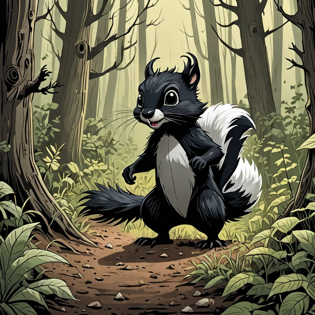 a cartoon of a black and white animal in a forest with trees and leaves on the ground and a path, sots art, a character portrait, Chris LaBrooy, storybook illustration