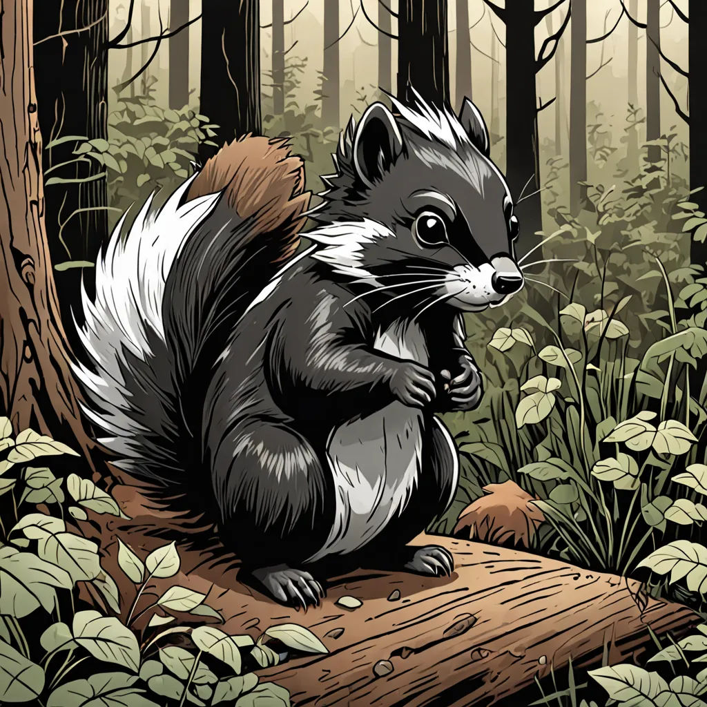 a cartoon of a squirrel sitting on a log in the woods with a forest background and trees and plants, serial art, a character portrait, Dan Mumford, character portrait