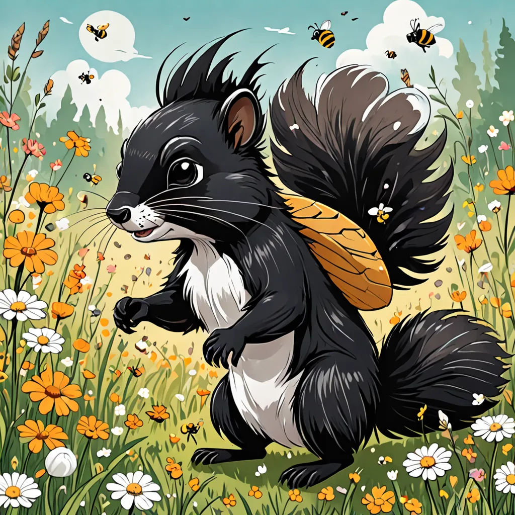 a cartoon of a black squirrel with a honeybee on its back legs in a field of flowers and daisies, art informel, a character portrait, Chris LaBrooy, official art