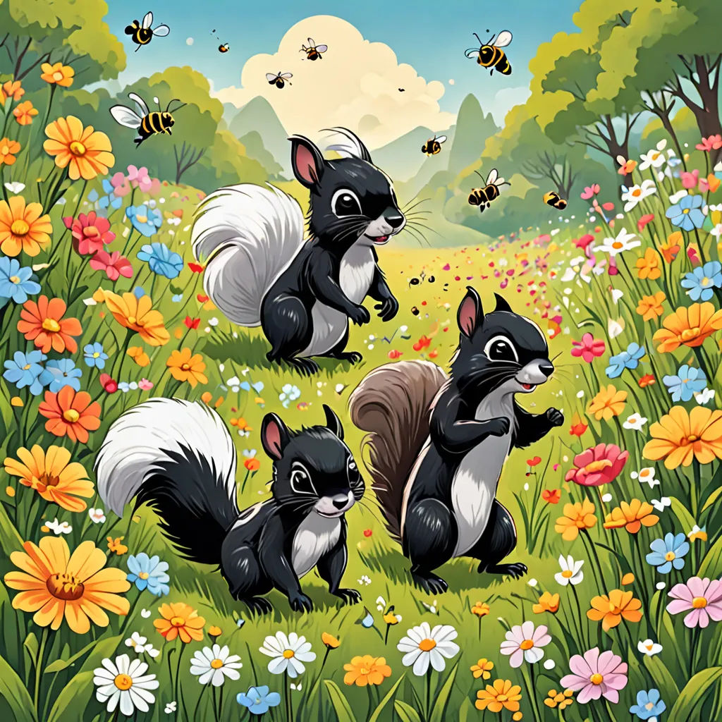 a painting of three squirrels in a field of flowers and bees flying around them, with a mountain in the background, naive art, a storybook illustration, Craola, official art