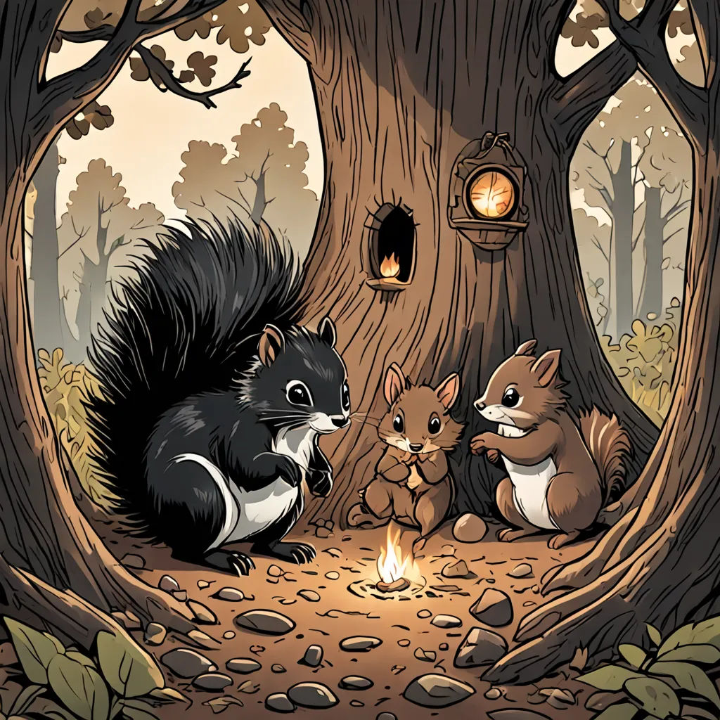 a squirrel and two other animals sitting in a forest under a tree with a lantern on it's side, fantasy art, a storybook illustration, Chris LaBrooy, storybook illustration
