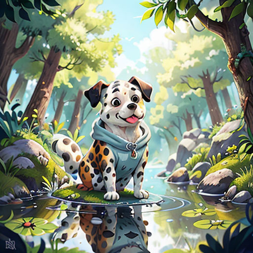 a dog sitting on a rock in a forest with a reflection in the water and trees around it, with a sky background