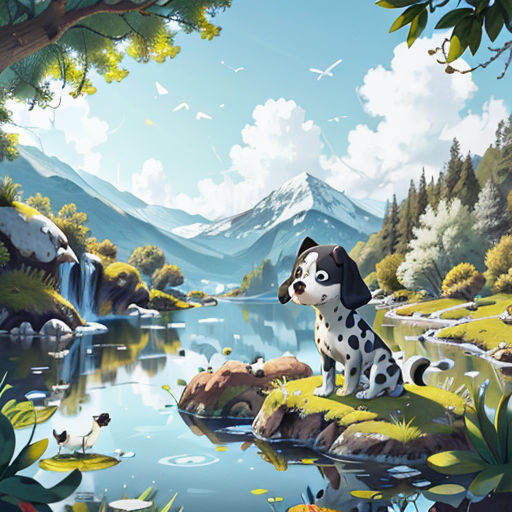 a dog sitting on a rock in a lake surrounded by trees and mountains with a waterfall in the background