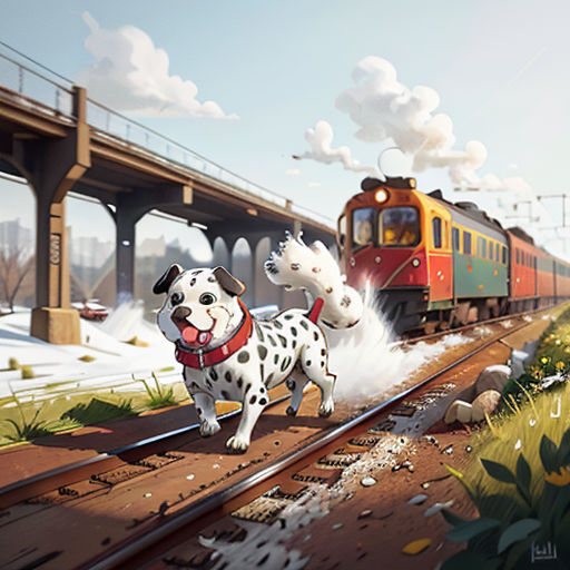 a dog is running on the tracks near a train and bridge in the background, with a train passing by