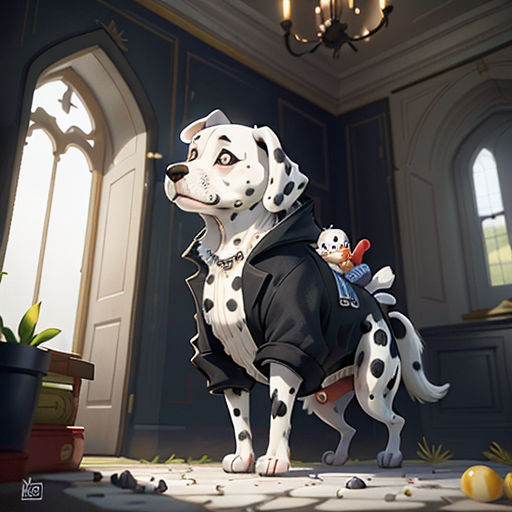 a dalmatian dog in a black shirt and a white dog in a black shirt and a white dog in a black shirt