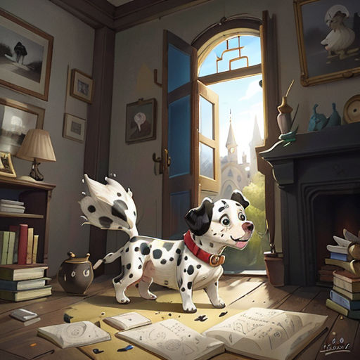 a dog standing on a book in a room with a fireplace and books on the floor and a window
