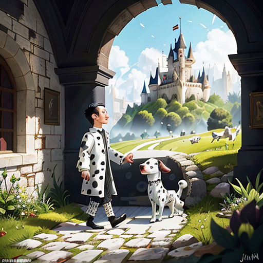 a man walking a dog through a castle doorway with a dalmatian dog on the leash in front of him