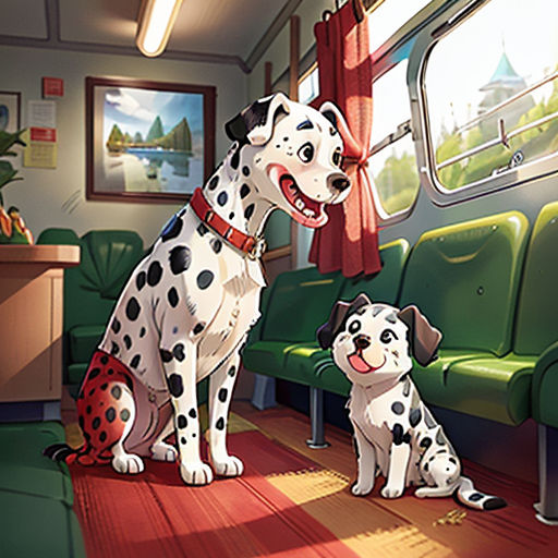 a dalmatian and a dog sitting on a train together, looking out the window at the scenery