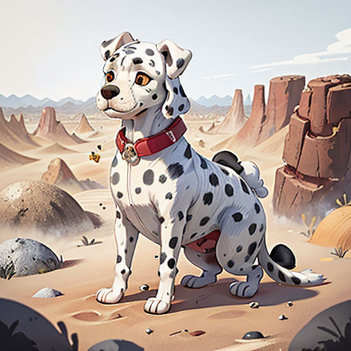 a dalmatian dog sitting in the desert with a butterfly flying by it's side and a rock formation in the background