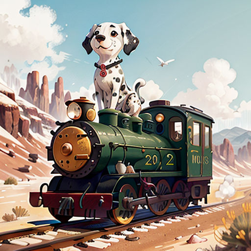a dog riding on top of a train on a track with mountains in the background and a bird flying over it