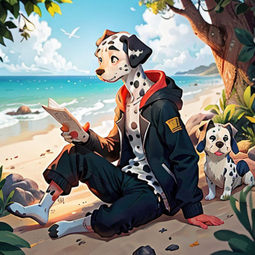 a dog sitting on the beach reading a book next to a dog and a dog on the beach with a dog looking at a book