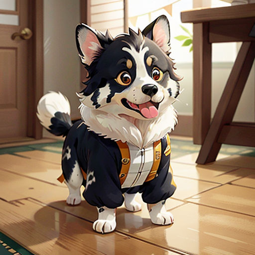 a dog standing on a wooden floor next to a table and chair in a room with a rug on the floor