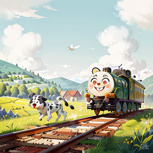 a train with a panda face on it traveling down the tracks with a dog running beside it and a bird flying overhead