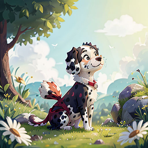 a dog sitting in the grass with a tree in the background and a sky background with clouds and sun