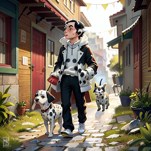 a man walking two dogs down a street next to a building with a dog on it's leash