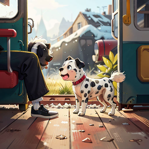 a man sitting on a train with a dog on the platform next to him and another dog standing on the platform