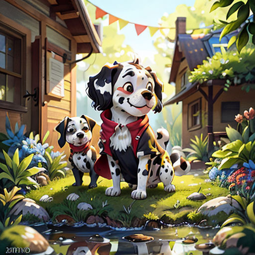 a dog and two puppies are sitting in the grass near a pond and a house with bunting flags