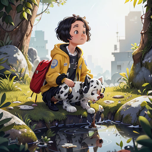 a boy sitting on a rock with two dalmatian puppies in his lap and a city in the background