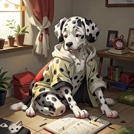 a dalmatian dog sitting on a table with a book and pen in its lap and a potted plant