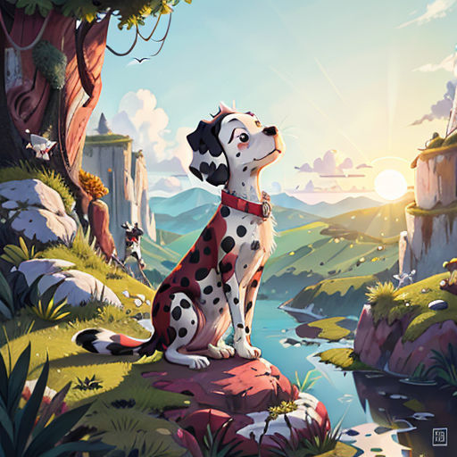 a dalmatian dog sitting on a rock looking out over a river and mountains with a sunset in the background