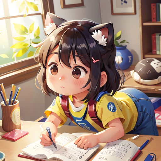 a girl is sitting at a desk writing on a book and a cat ears headband is on her head