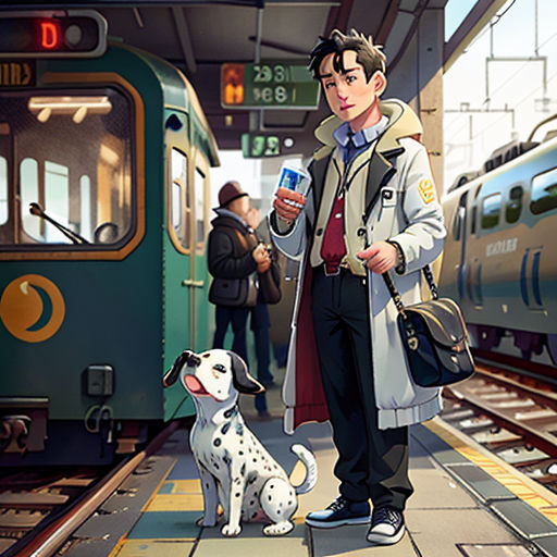 a man standing next to a dog on a train platform next to a train and a train car with a man holding a cell phone