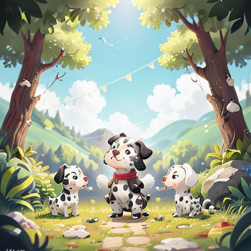 a cartoon dog with four puppies in a forest setting with a kite in the sky above him and a dog in the foreground