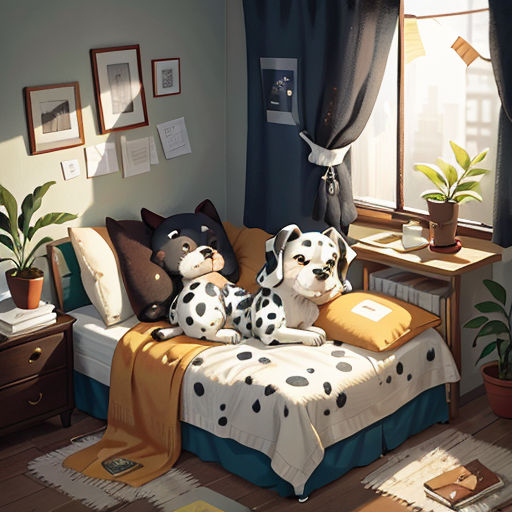 two dalmatian dogs sitting on a bed in a room with a window and a potted plant