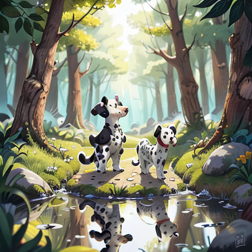 a painting of two dalmatian dogs in a forest with a pond of water and rocks and trees