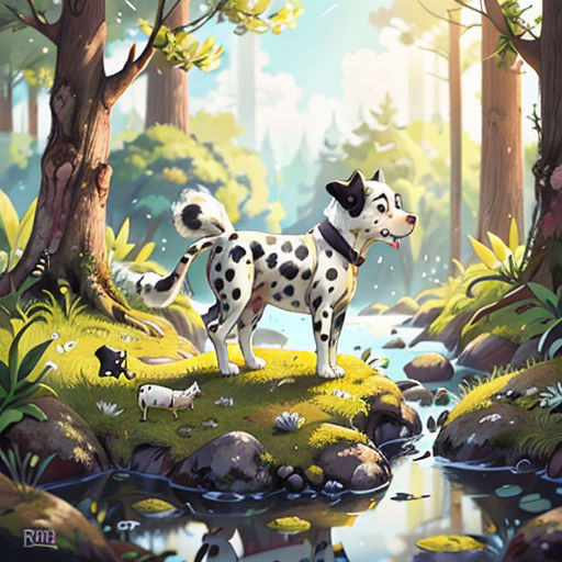 a dalmatian dog standing on a mossy island in a forest with a stream running through it