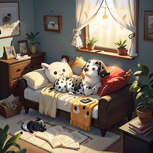 a painting of a living room with a couch and two dogs on it, and a cat laying on the couch