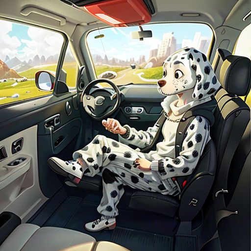 a dalmatian dog sitting in the driver's seat of a car with a steering wheel and a steering wheel