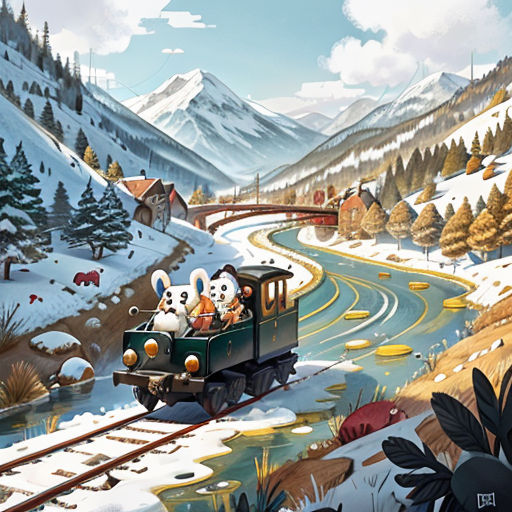 a painting of a train with three rabbits riding on it's back in the snow with a mountain background