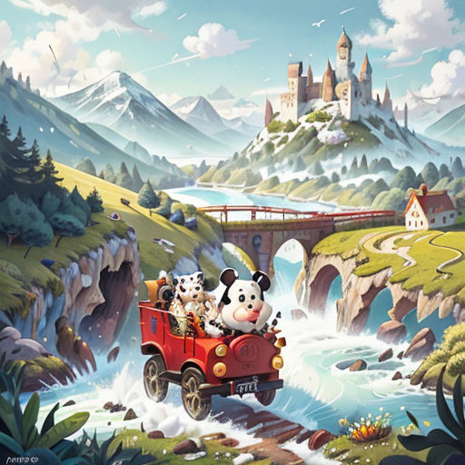 a painting of a panda and two dogs riding in a red car over a river with a castle in the background